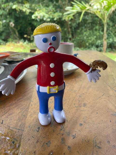 A colorful toy figure on a wooden surface.