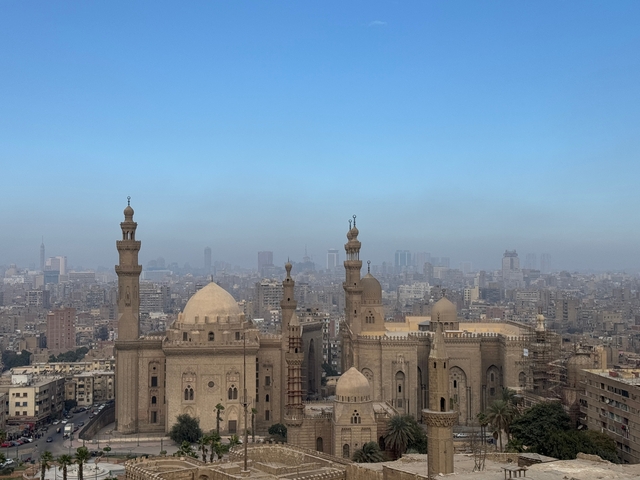 Panoramic view of a city skyline with historic domed buildings and minarets.