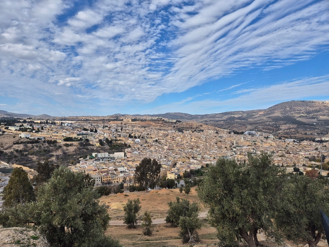 A panoramic view of a hilly cityscape under a cloudy sky.