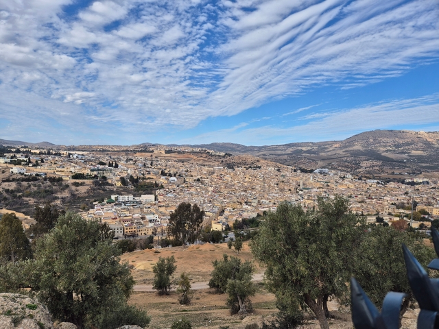       A panoramic view of a hilly cityscape under a cloudy sky.
  