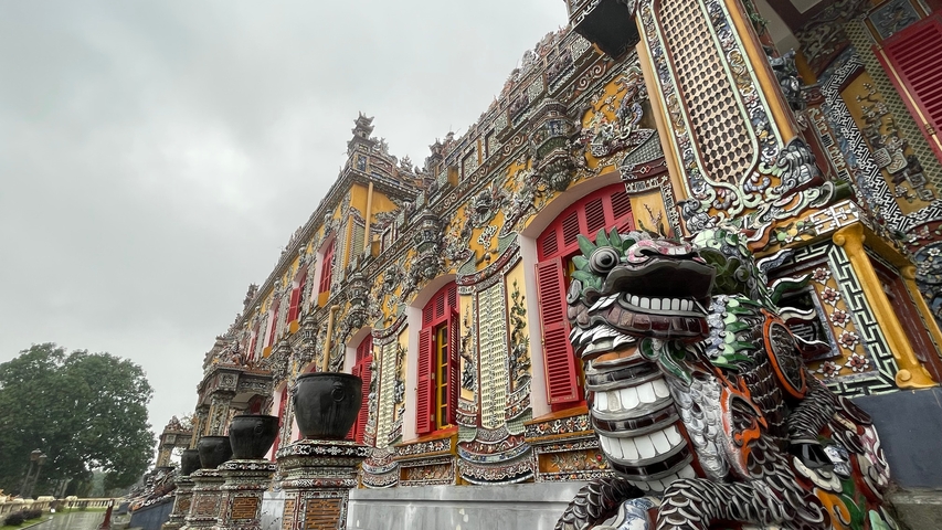 Elaborate and colorful temple facade with traditional motifs.