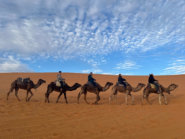 People riding camels in the desert with blue skies overhead.