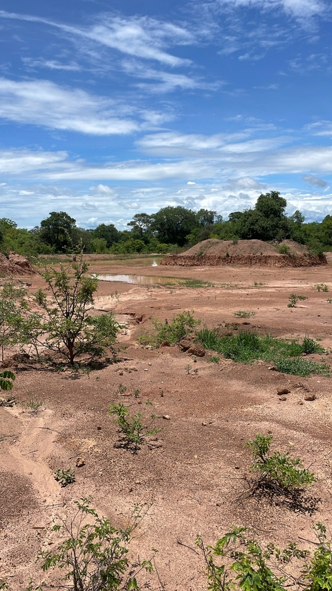 Dry riverbed with sparse vegetation under a cloudy sky.