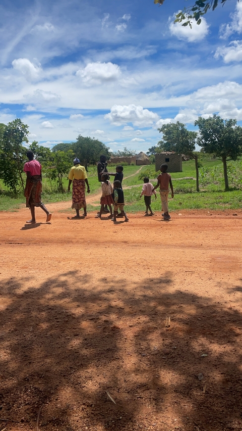       Group of children and adults walking on a dirt path in a rural area.
  