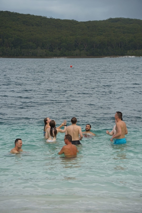 People playing in the ocean, holding hands in the water.