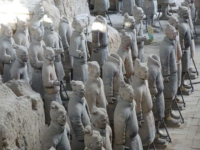 Rows of terracotta warriors on display.