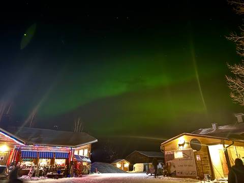 Aurora borealis in the night sky over a residential area.