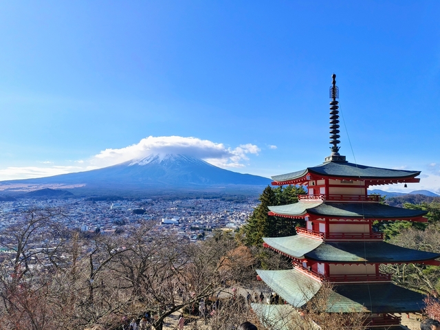 View of a pagoda with Mount Fuji in the background.