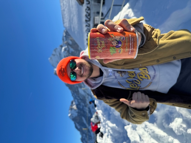Person holding a can with the Alps in the background.