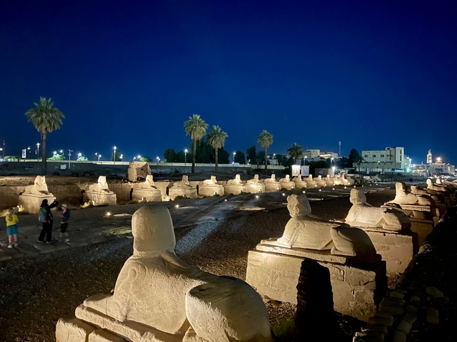       Statues illuminated at night with visitors around.
  