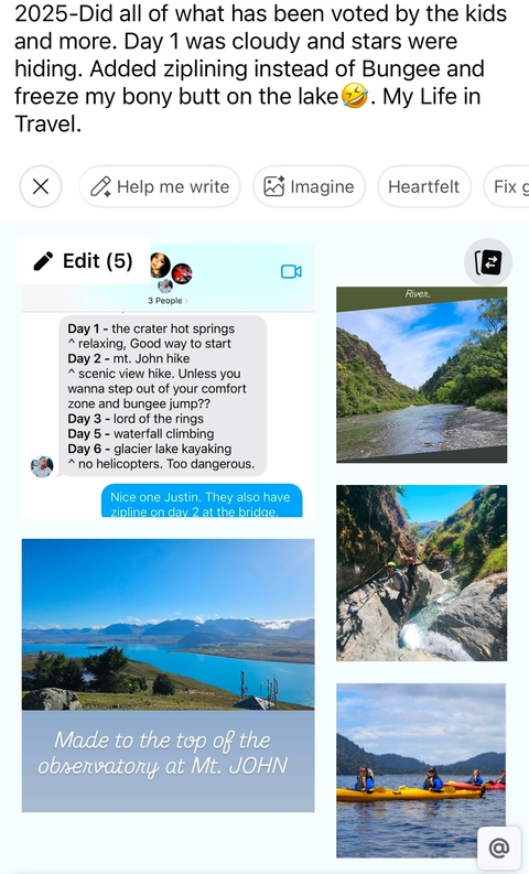       A screenshot of text messages planning an itinerary with a photo of a river.
  