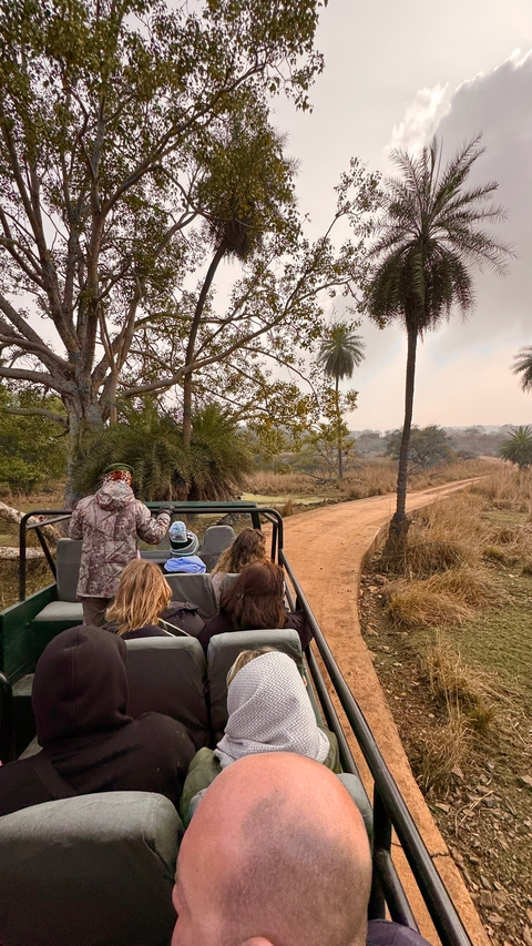       People on a jeep safari in a natural setting.
  