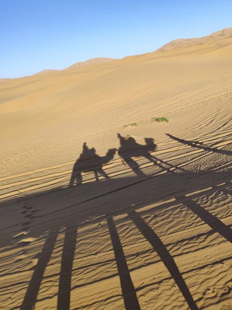       Shadows of camels and riders on the sand dunes.
  