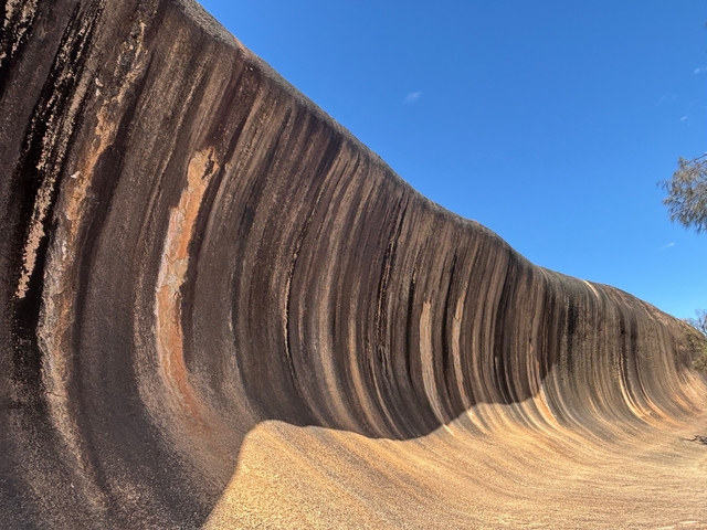 Wave Rock formation with blue sky above.