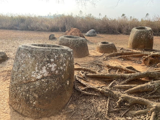 Ancient stone jars scattered across a dry, grassy field.