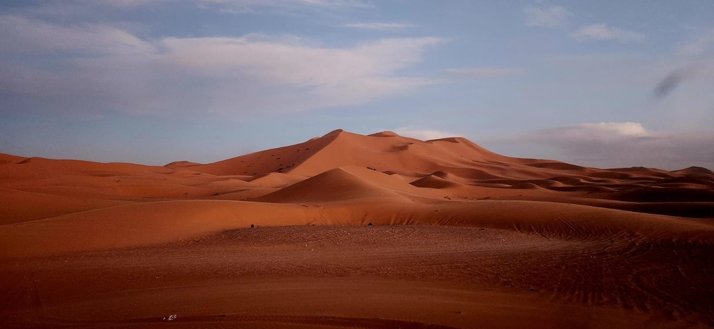Peaceful desert landscape with rolling sand dunes.