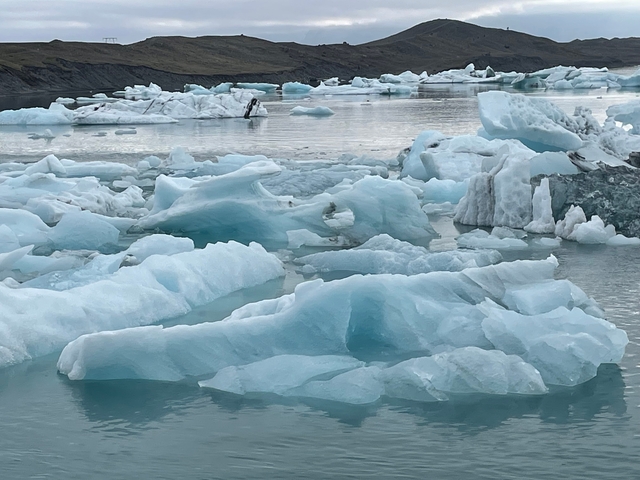       Icebergs floating in a glacial lagoon.
  