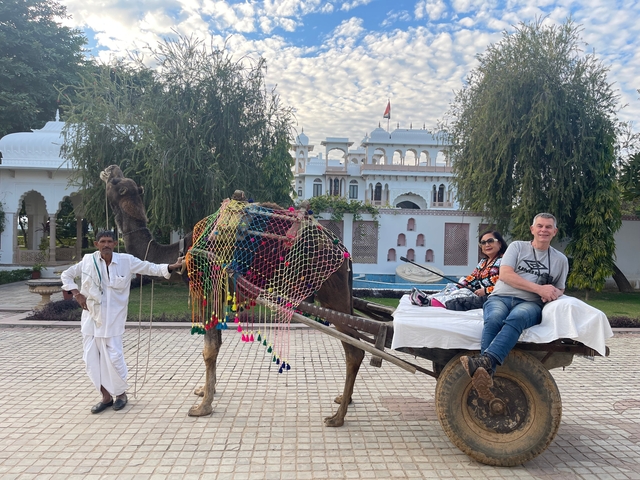       Couple sitting on a camel cart with a backdrop of a palace.
  