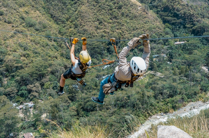       Two people zip-lining over a forest.
  