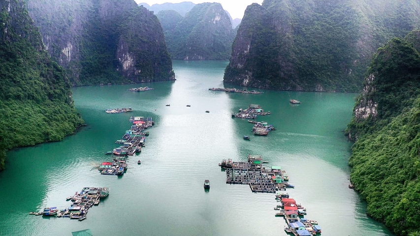 Aerial view of floating houses in a bay.