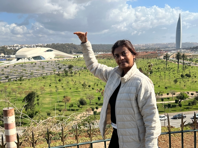       Person posing with scenic city view.
  
