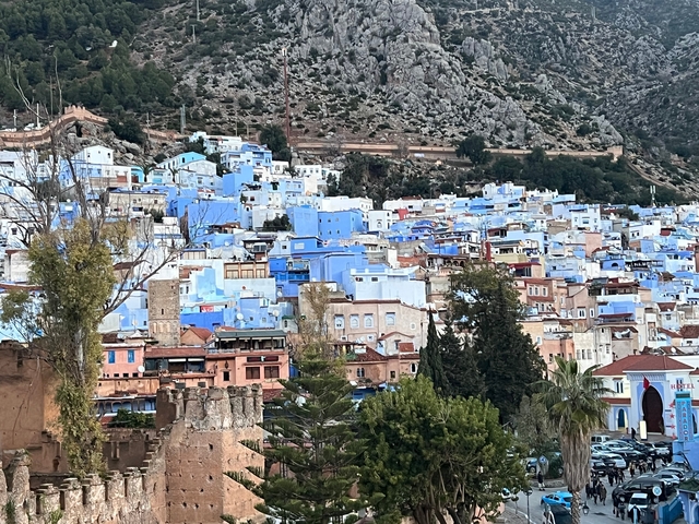       View of Chefchaouen's blue-painted buildings.
  