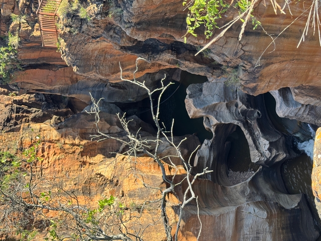       Rock formations with trees and a view of Bourke's Luck Potholes.
  