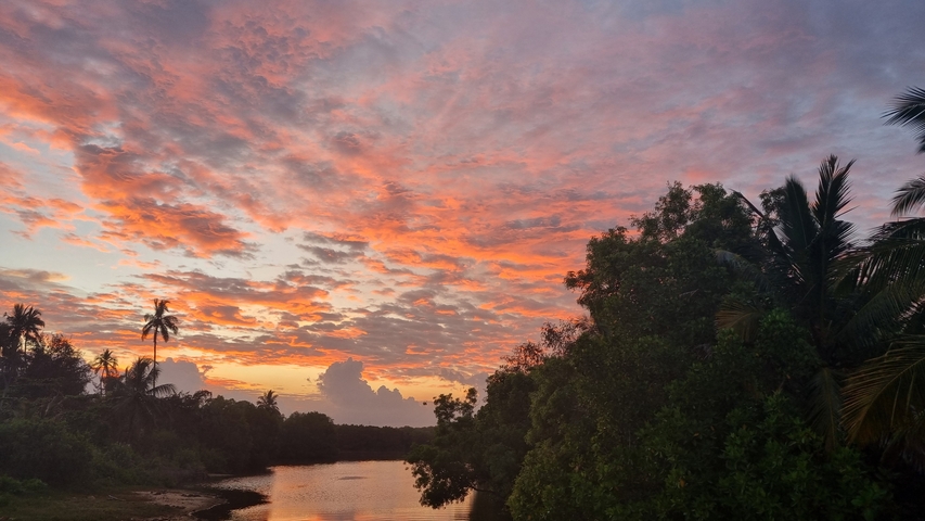 Vibrant sunset over a river lined with trees.