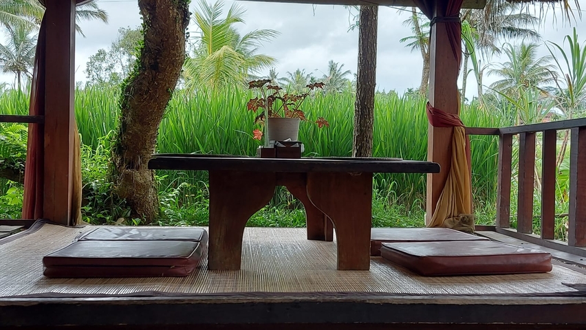Outdoor seating area with lush greenery in the background.