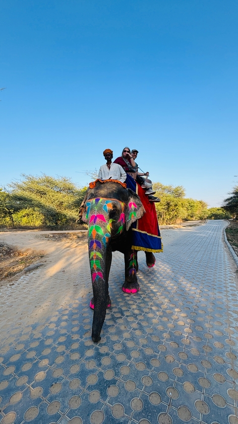       Three people riding a brightly painted elephant.
  