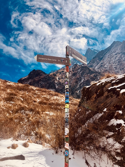       A signpost in a mountainous landscape.
  