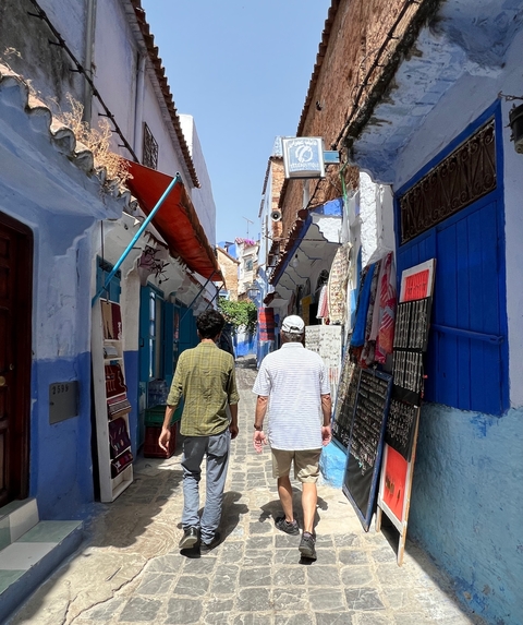       Two people walking through a narrow, vibrant blue street.
  