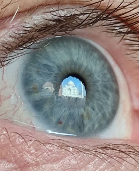 Close-up of an eye reflecting the Taj Mahal.
