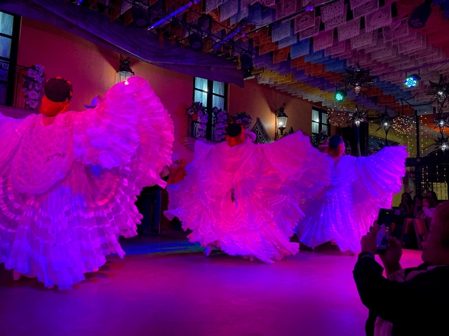       Dancers in traditional attire performing on stage.
  