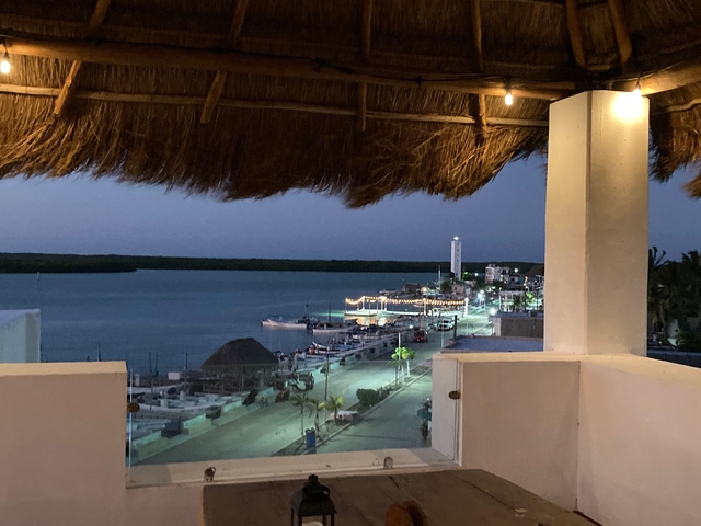       Night view of a coastal city with a bay and boats.
  