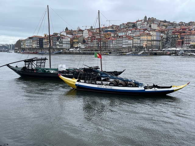 Traditional boats on a river with cityscape in the background.