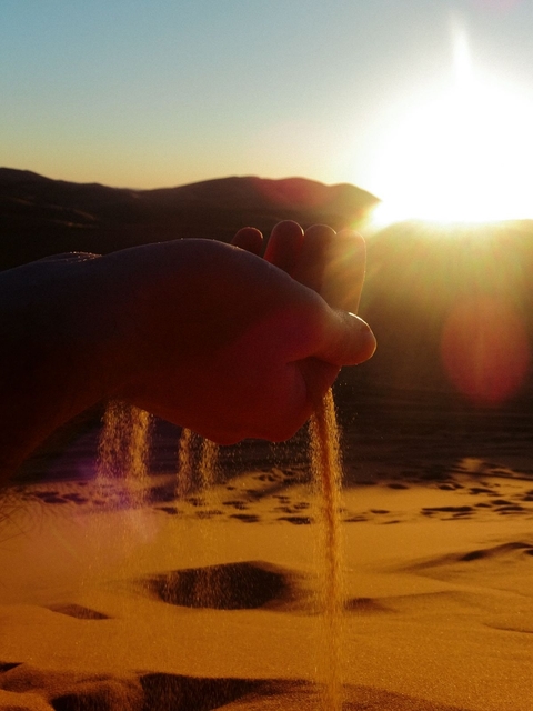       A hand holding sand in a sunlit desert.
  