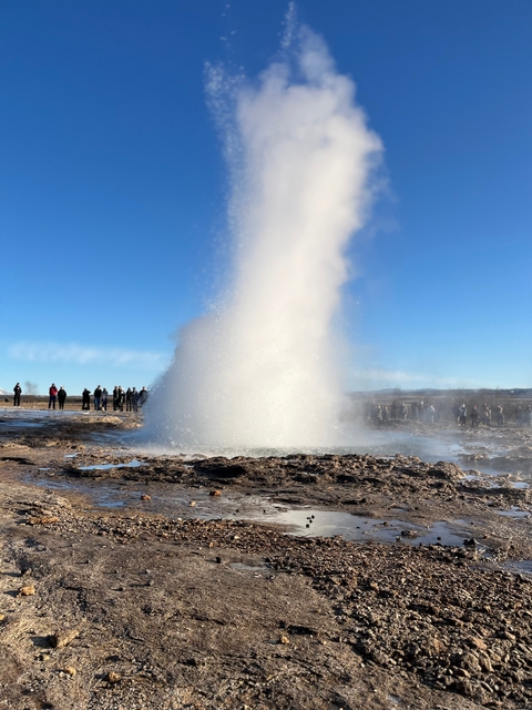       Geyser erupting with spectators watching.
  