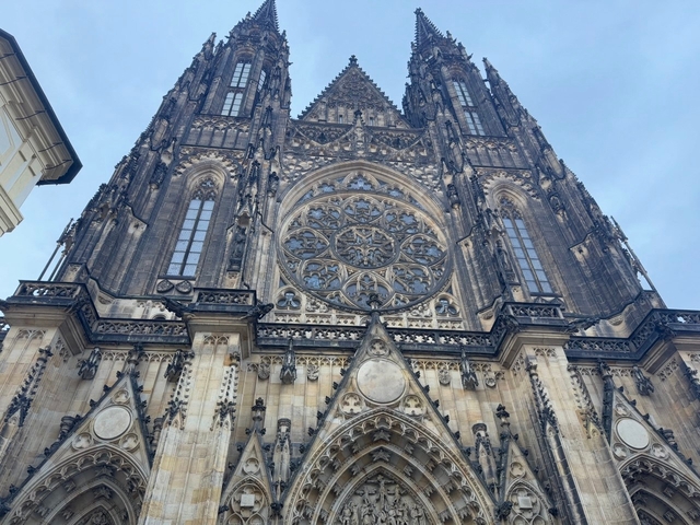 Close-up of the facade of a Gothic-style cathedral with intricate details.