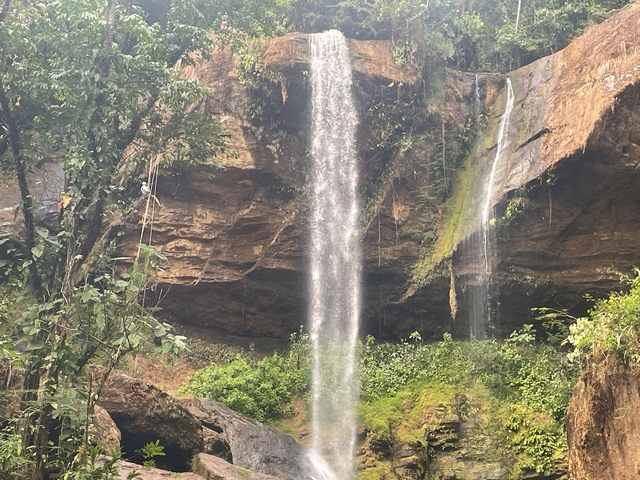 Tall waterfall cascading down a cliff in a natural setting.