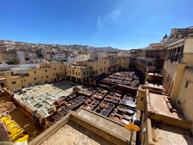 Aerial view of the ancient city of Fes with traditional tanneries.