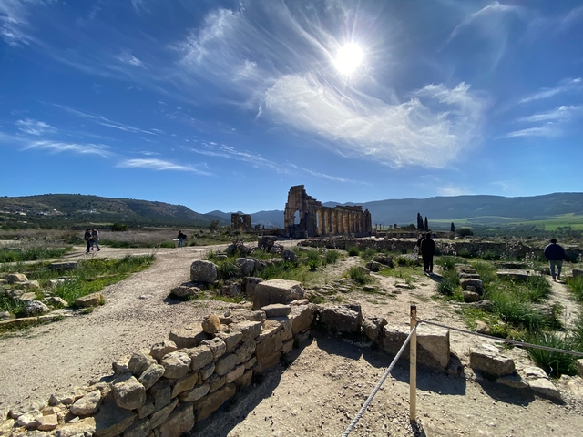 Ruins of the Roman city of Volubilis amidst a rural landscape.