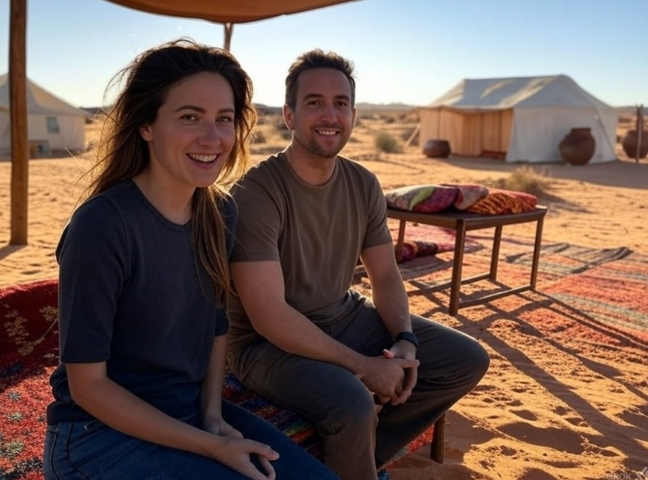       A couple sitting on rugs in a desert camp with tents around.
  