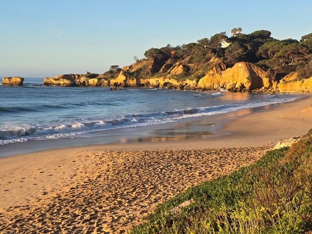 Beach with golden sand and cliffs at sunset.
