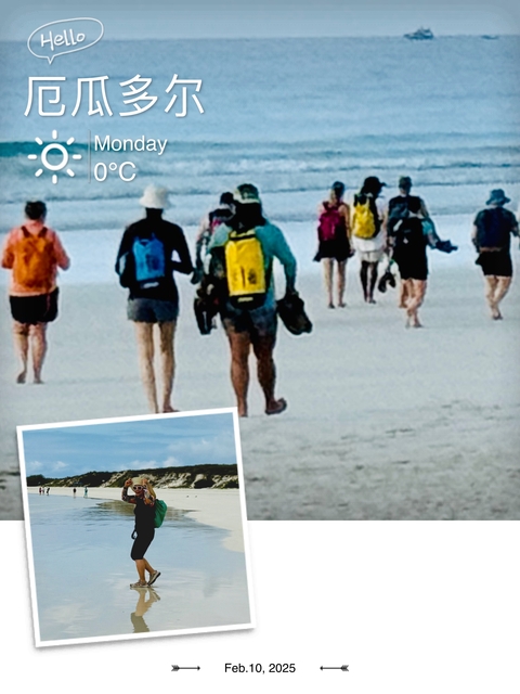 Group of people walking on a beach with a postcard overlay.