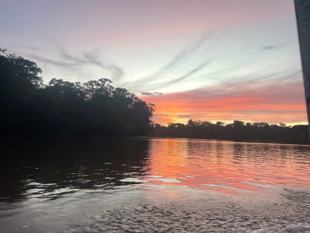       Sunset over a calm river with trees lining the banks.
  