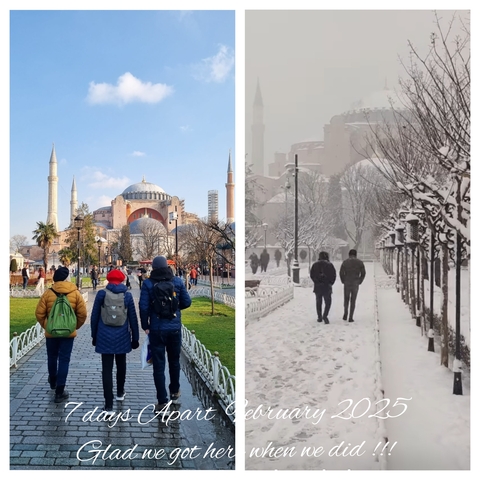       Two images showing Hagia Sophia in different seasons, with people strolling around.
  
