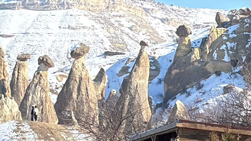       Snow-covered fairy chimneys in Cappadocia, Turkey.
  