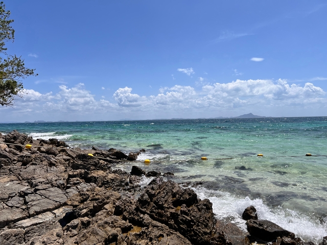       Rocky coastline with clear blue ocean waves under a bright sky.
  