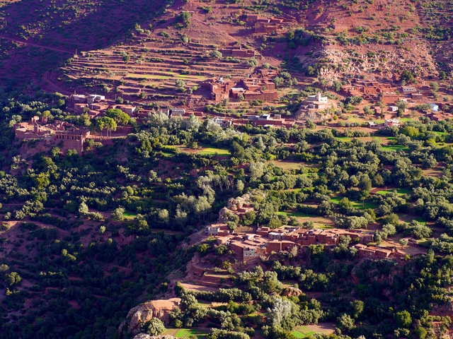 Lush landscape with terraced fields and traditional buildings.